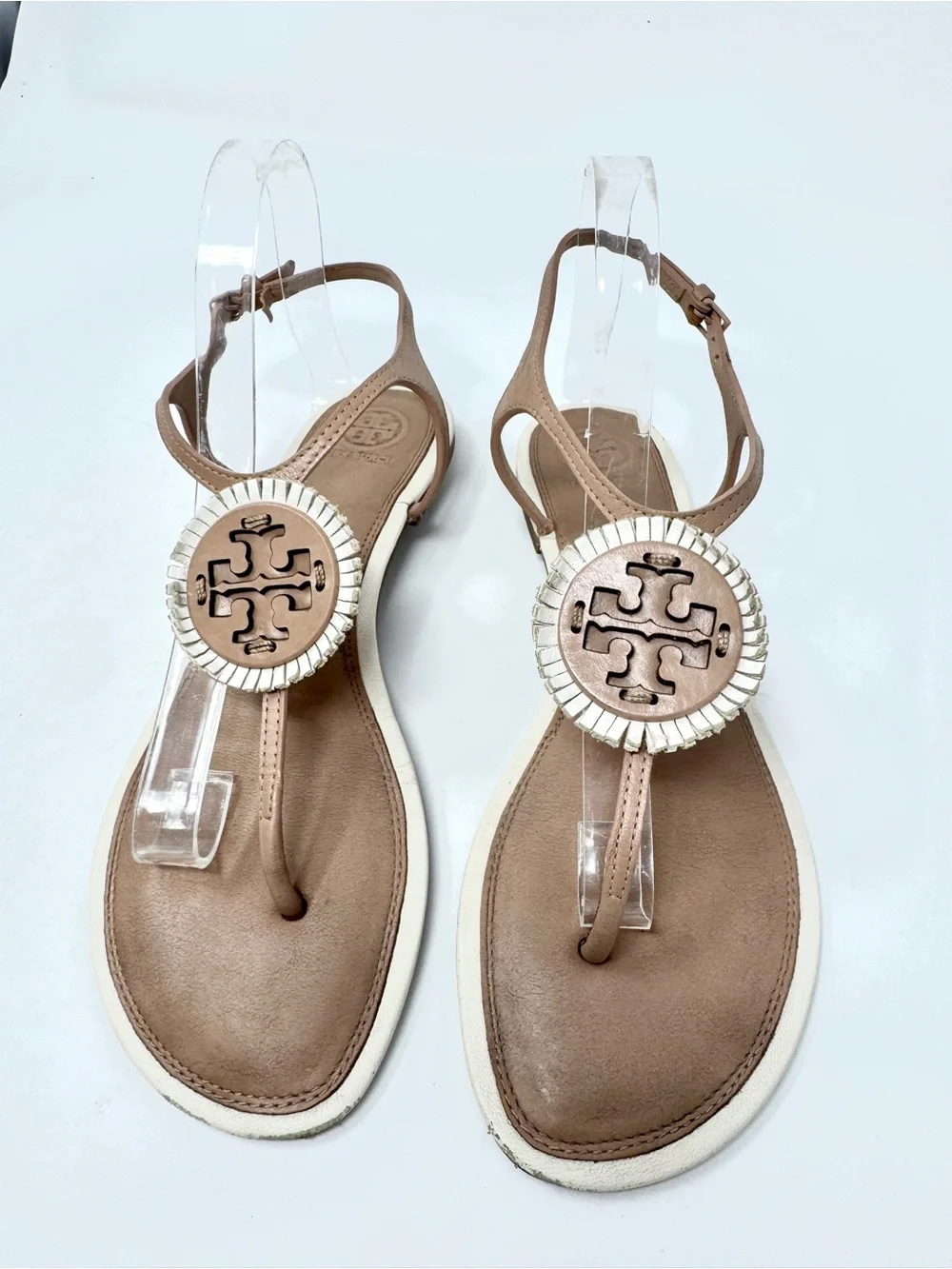 Tory Burch Miller Fringe Tan and Cream Flat Leather Sandals